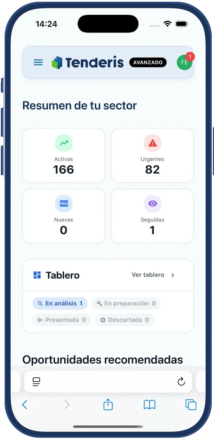 Tenderis en el celular: resumen del sector con licitaciones activas, urgentes y seguidas.